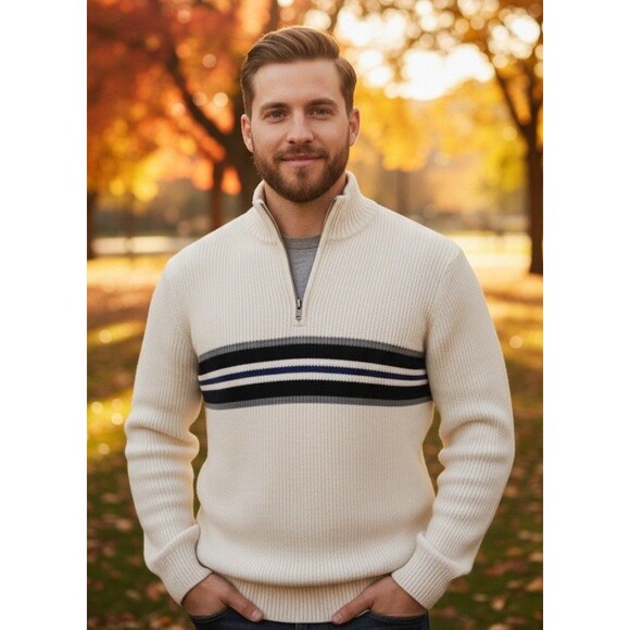 Eddie Bauer Men's L 1/4 zip Pullover Sweater Cream/OffWhite Striped Knit Preppy - Picture 2 of 16